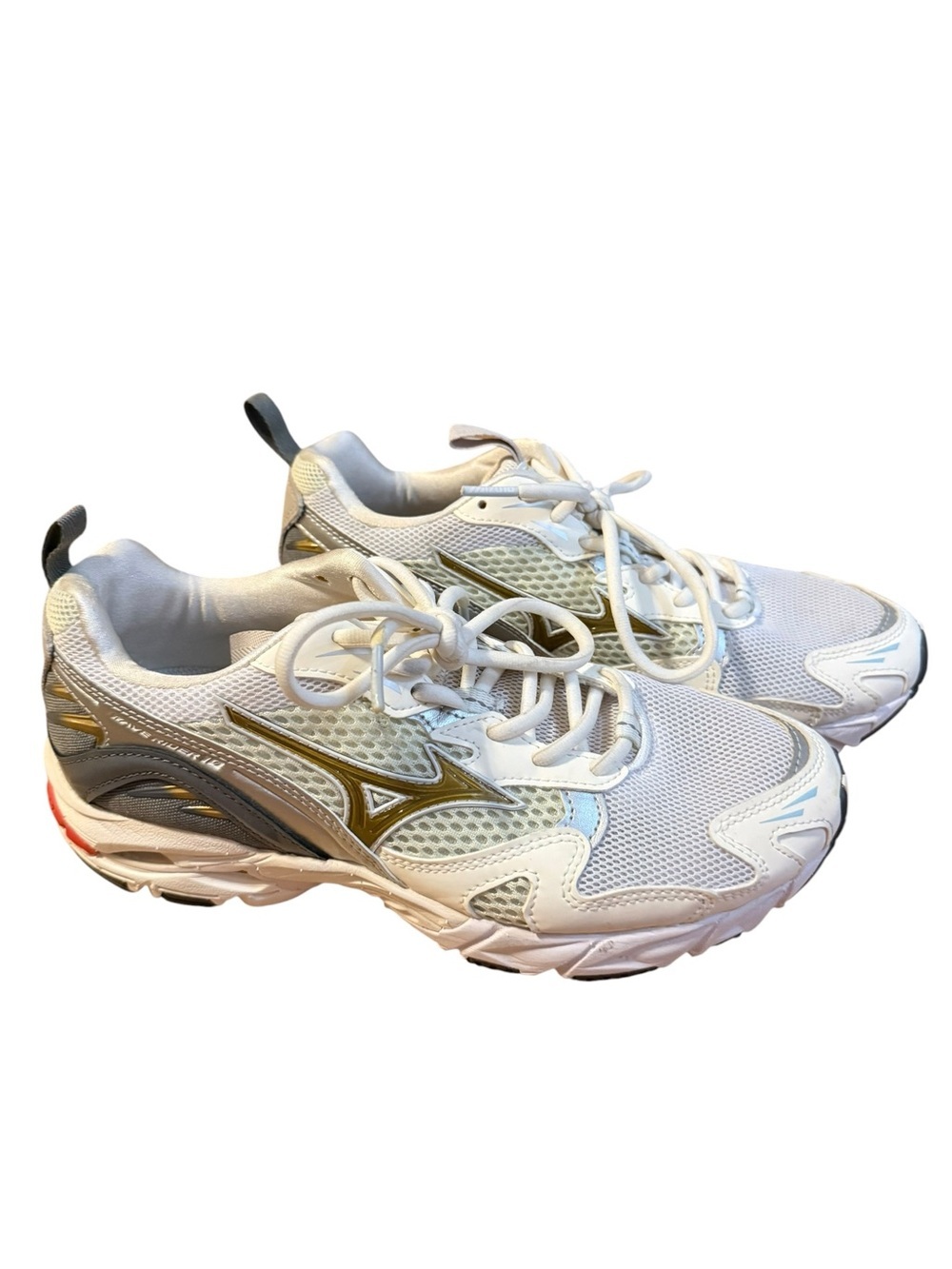 Mizuno Wave Rider 10 White Gold Gray Retro Runner Sneaker Women’s US 6 EU 38